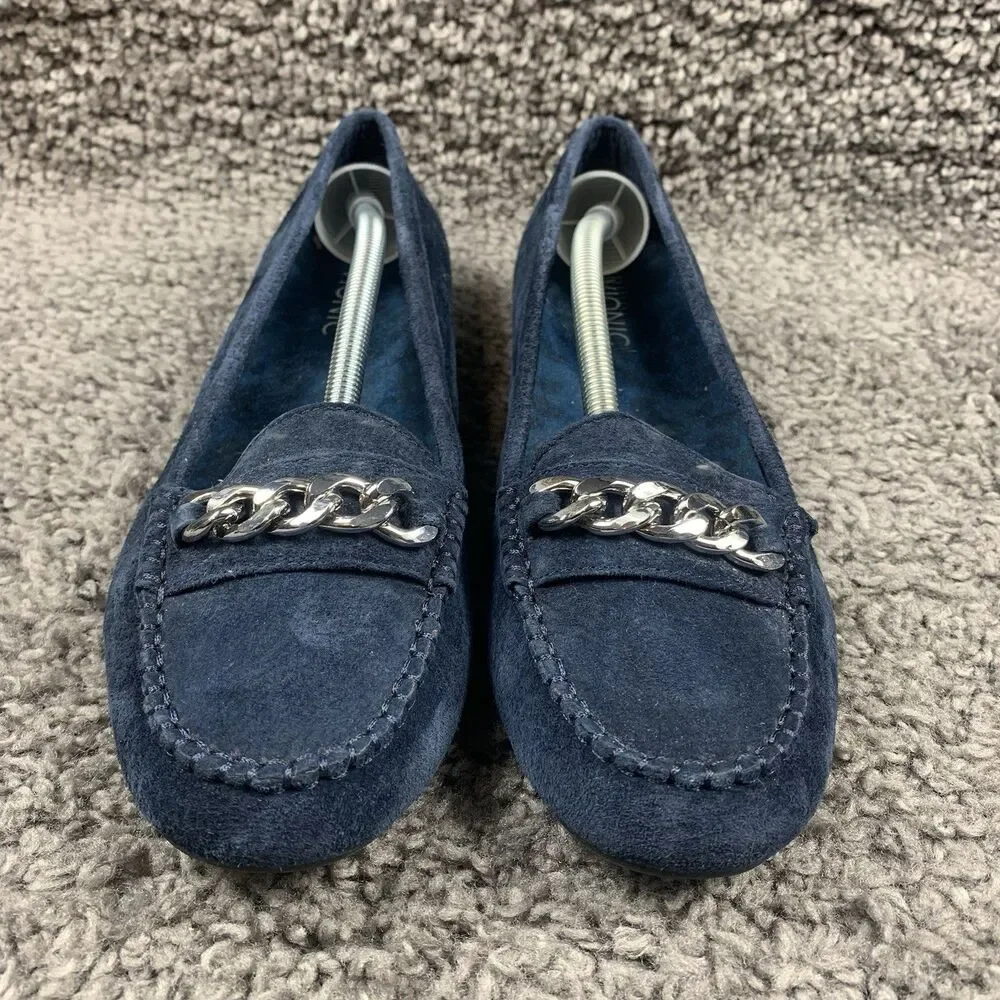 Vionic Mesa Slip On Leather Loafers 9 Womens Dark Navy Blue Orthopedic Suede